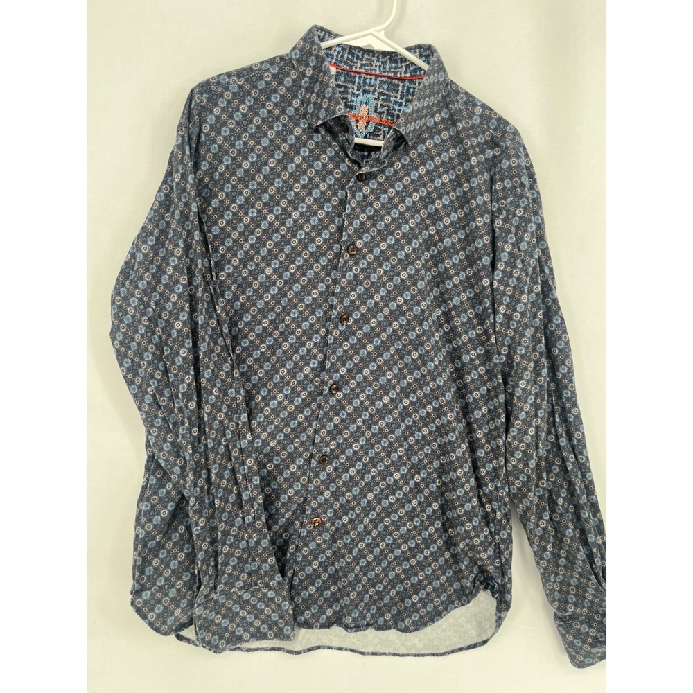 Luciano Visconti Button Down Shirt Mens XL Geometric Medallion Print Blue Brown